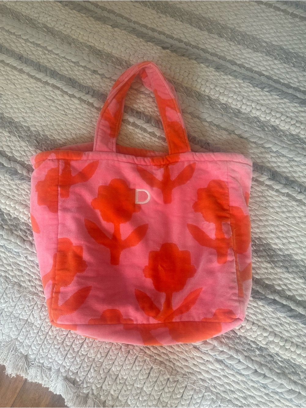 Mark and Graham Bloom Terry Tote Bag with Orange Floral Print and D Monogram